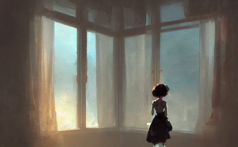 Image similar to a girl in a skirt looks out the window at megopolis, painting by Craig Mullins, octane rendering, soft morning lighting, wide angle lens, in the style of Hayao Miyazaki, trending on artstation,