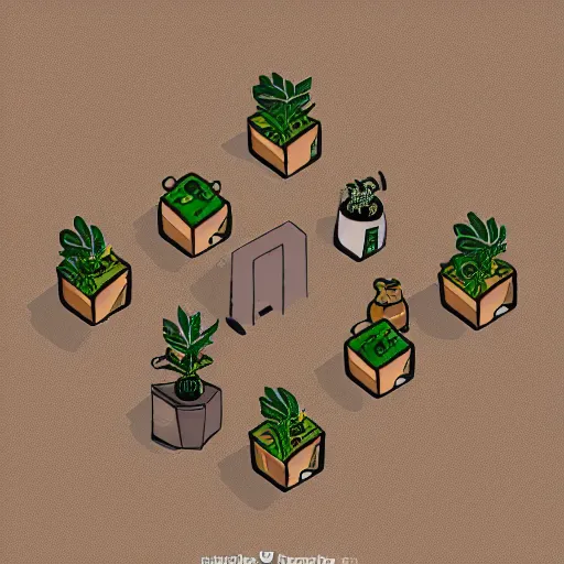 Image similar to hand - drawn minimalistic interior design of cannabis pot plant cafe, isometric, fun cute art