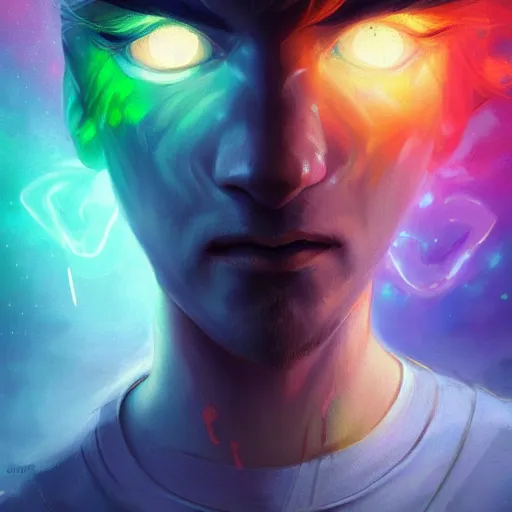 Image similar to portrait of a light haired young man with a scar across his left eye has an epic idea, rainbowpunk, high detail, concept art, neon color, vivid color, floating particles, glowing green eyes, spiral smoke, background by john harris + andreas rocha, artwork by charlie bowater + artgerm + anato finnstark + ross tran