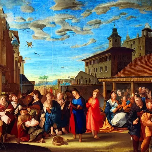 Image similar to a city market and the blue sky with clouds and stars and clouds for a man, and a woman wearing a pomade, in the style of a renaissance painting