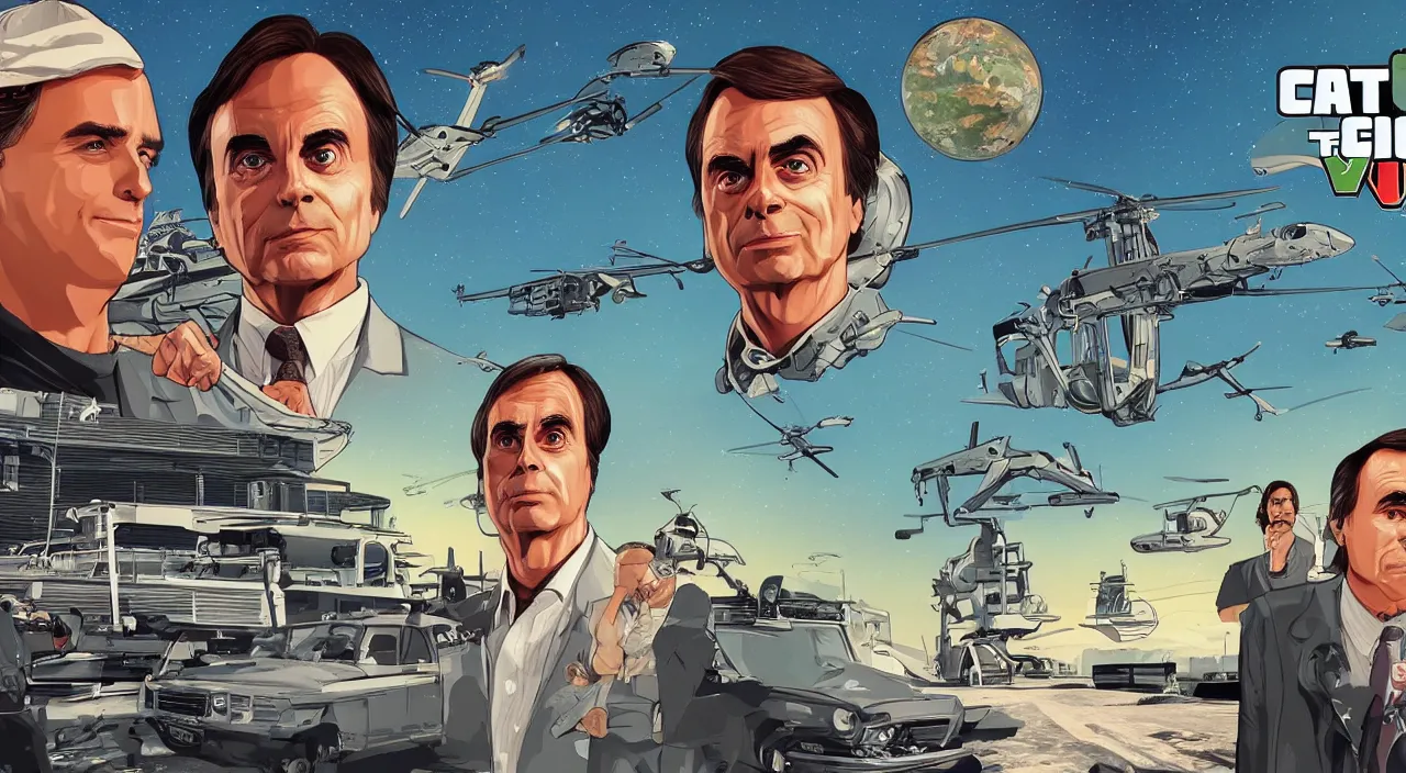 Image similar to carl sagan s a gta loading screen, illustration gta 5 artwork, stephen bliss