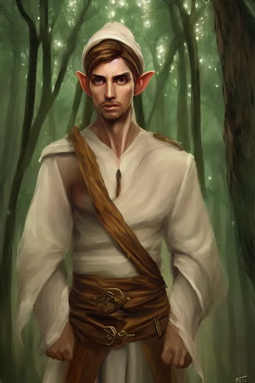 Image similar to beautiful, digital art, portrait painting of a male elf wizard, wearing linen cloth. forest background. artstation, by bartek fedyczak, erak note, tooth wu, neil richards, kan liu, siwoo kim, jisu choe