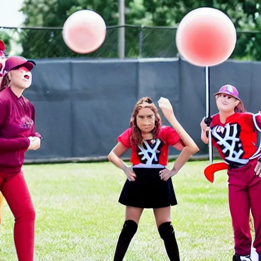 Image similar to Pennywise the clown coaching a girls' little league team.