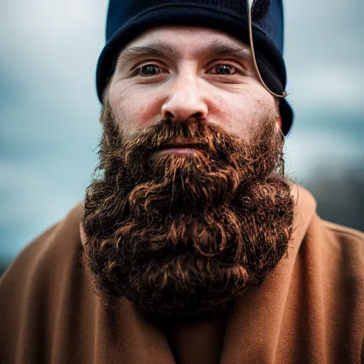 Image similar to A bearded wizard with an orange beanie, (EOS 5DS R, ISO100, f/8, 1/125, 84mm, postprocessed, crisp face, facial features)