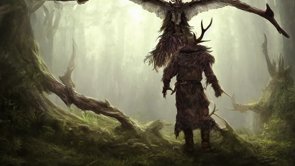 Prompt: A single male druid, with antlers on his head and large hawk wings on his back, casting a powerful glowing spell in the middle of an enormous, enchanted forest, dreamscape, dramatic lighting, fantasy art illustration, trending on artstation, Aetherpunk