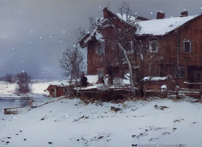 Prompt: oil painting of swedish house in snow landscape, by anders zorn, by greg rutkowski