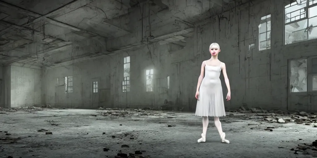 Prompt: russian ballerina with white bob cut and sweet face dances in an abandoned factory, studio ghibli, epic, realistic traits, photographic render, octane render, many lights, ridley scott bladerunner mood