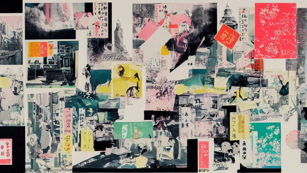 Image similar to an arrangement of postcards, japan, a collage painting, in the style of wes anderson, lola dupre, david hockney, isolated on negative white space background dark monochrome neon spraypaint accents volumetric octane render