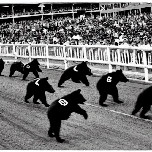 Image similar to bears running in the kentucky derby, vintage photo