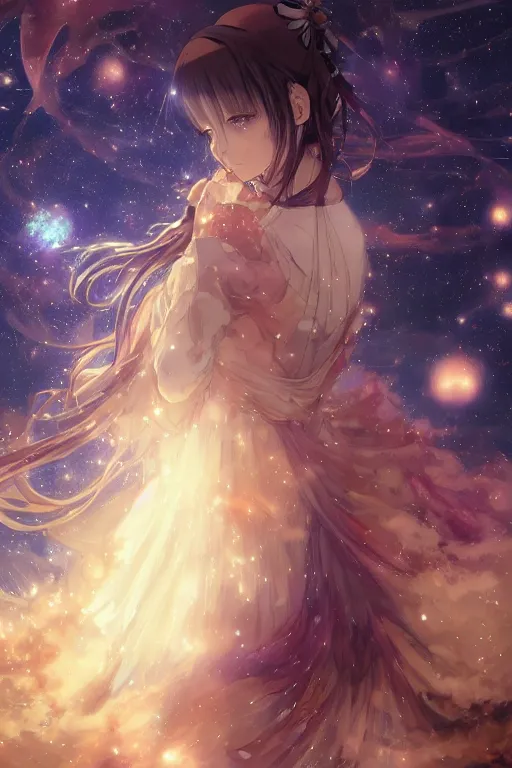 Image similar to anime key visual of a beautiful girl wearing a dress made of stars and nebulae, dramatic, volumetric lighting, planets in the background, intricate, magical forest, stunning, highly detailed, digital painting, artstation, smooth, hard focus, illustration, art by artgerm and greg rutkowski and alphonse mucha