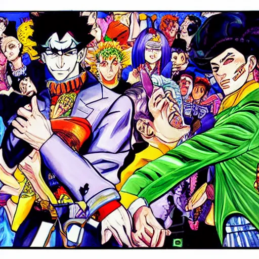 Image similar to a beautiful painting of a jojos bizarre adventure episode by hirohiko araki, detailed line art