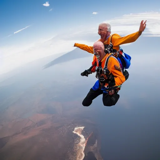 Prompt: elderly man skydiving over a volcano, smiling, happy, volcano, hot, eruption, magma, lava, canon eos r 3, f / 1. 4, iso 2 0 0, 1 / 1 6 0 s, 8 k, raw, unedited, symmetrical balance, wide angle