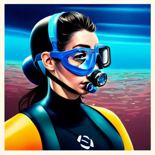 Prompt: a profile photo of a agent with diving helmet with tattoos on arm and neck, side profile in underwater, highly detailed, digital painting, artstation, sharp focus, illustration by Sandra Chevrier