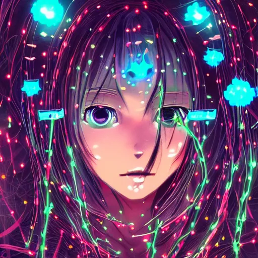 Image similar to anime girl electronic circuitry, with fireflies with a thick mane of bioluminescent vines and flowers by basqiuat, ralph steadman, street art, trending on artstation, dramatic lighting, octane render, weta digital, trending on deviant art, deepdream, ray trace