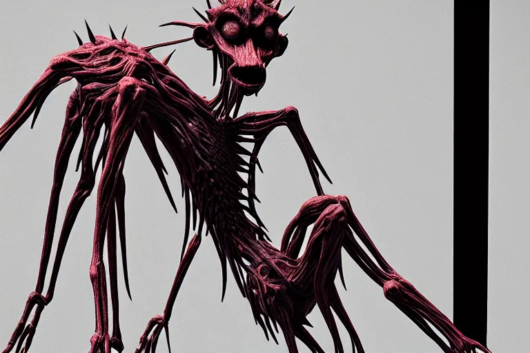 Prompt: lanky ink creature made out of a humanoid nervous system with large meaty spikes all over the body, cinematic, volumetric lighting, f 8 aperture, cinematic eastman 5 3 8 4 film, photorealistic