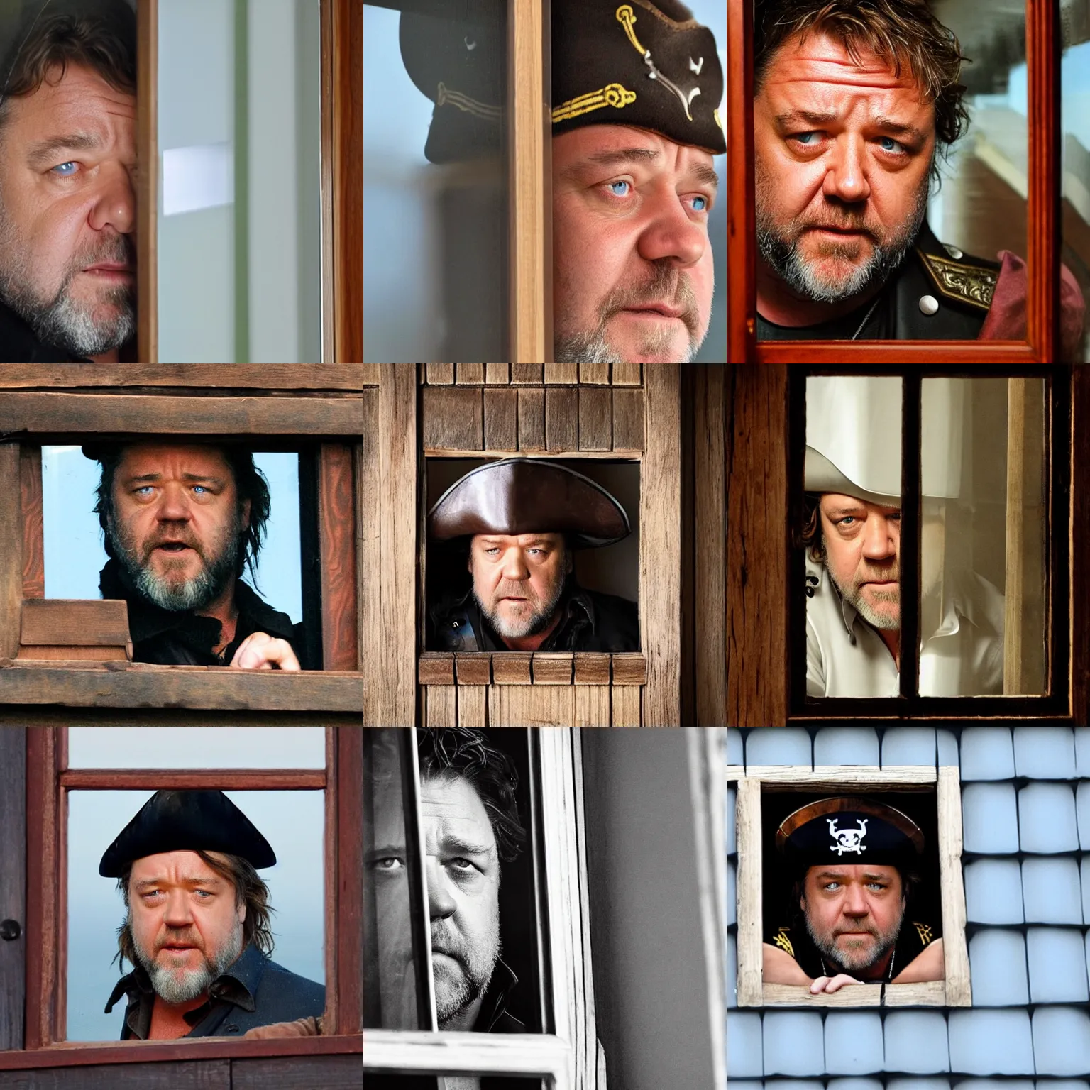 Prompt: russell crowe with large wide pirate captain hat peering out concerned down to camera from a small glass window in a wooden wall, 2 0 1 2