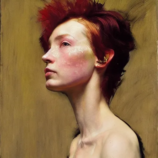 Image similar to A stunning masterful portrait of a striking cryptopunk woman with short pink hair and high cheek bones by Andrew Wyeth, John Singer Sargent, and Norman Rockwell, natural light, oil painting, ethereal, earth tones, strong brushwork