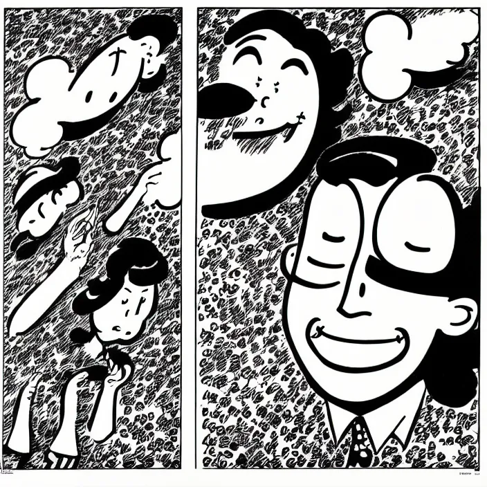 Image similar to a still frame from comic strip a scheme of the smiling cloud 1 9 5 0, herluf bidstrup, new yorker illustration, monochrome contrast bw, vector lineart graphics, manga, tadanori yokoo, simplified,