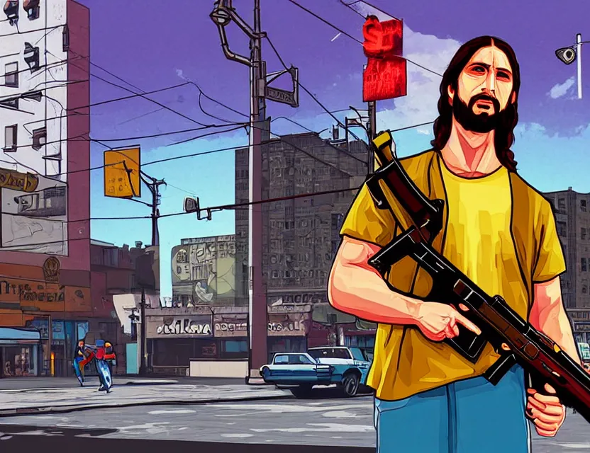 Image similar to illustration of jesus carrying an ak 4 7 in dimes square new york city in the style of gta v artwork, stephen bliss, highly detailed