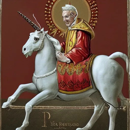 Image similar to the pope riding a unicorn with a saddle, 8 k, sharp, highly detailed