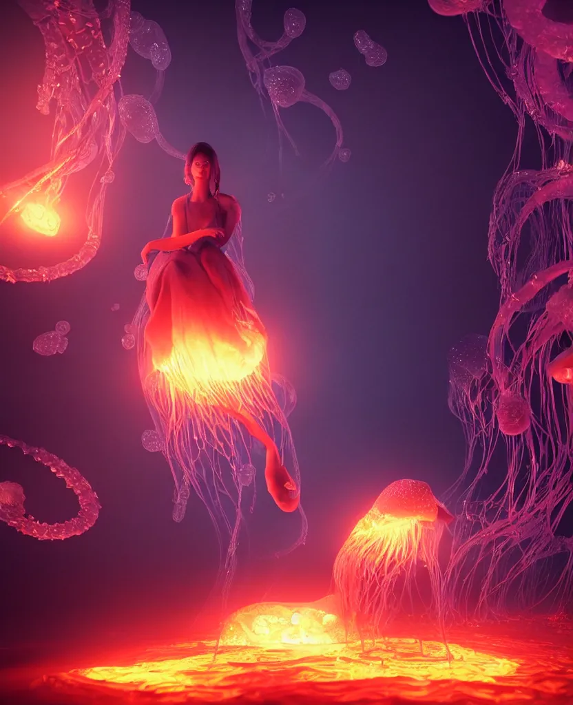 Image similar to close-up portrait of a beautiful princess floating in ethereum surrounded by floating jellyfish, energy flows of fire and water, flashes of plasma, 3d with depth of field, blurred background, a highly detailed epic cinematic concept art CG render. made in Maya, Blender and Photoshop, octane render, excellent composition, cinematic dystopian brutalist atmosphere, dynamic dramatic cinematic lighting, aesthetic, very inspirational, arthouse. y Greg Rutkowski, Ilya Kuvshinov, WLOP, Stanley Artgerm Lau, Ruan Jia and Fenghua Zhong