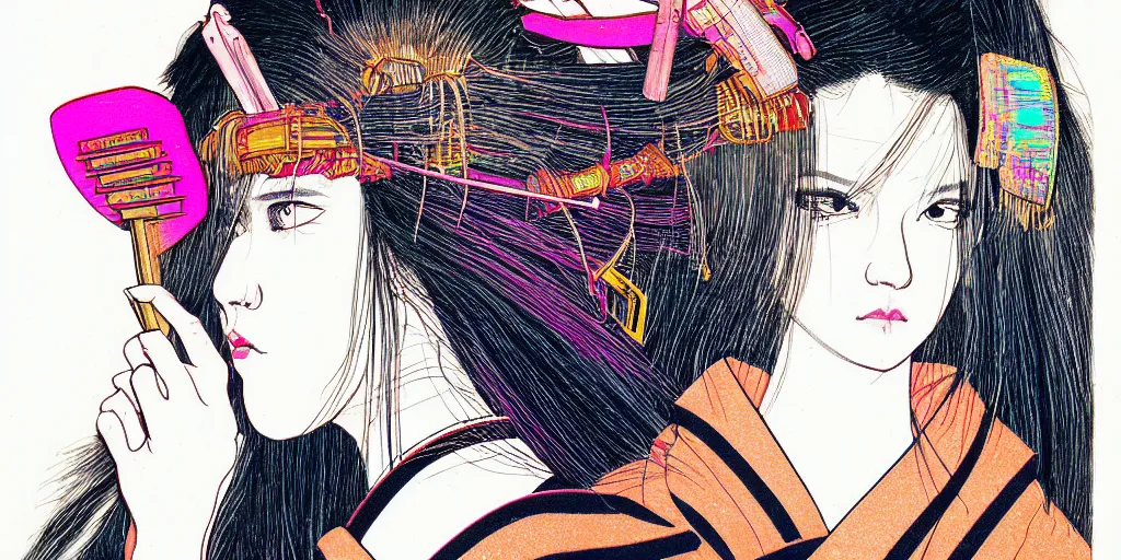 Prompt: a close - up grainy, risograph drawing, hyper light drigter, neon colors, a big porcelain glossy geisha head, with long hair, floating above the sharp peaks weapons, style by moebius and kim jung gi
