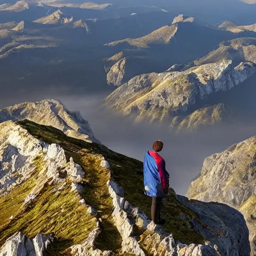 Prompt: a wanderer above the sea of fog standing atop the mountain looking down