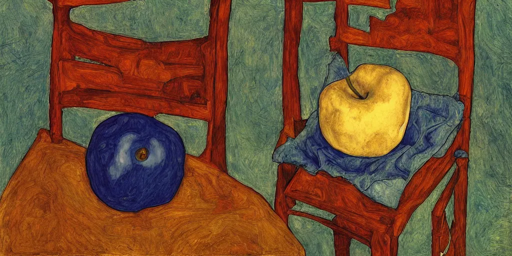 Prompt: a blue apple on the chair, by egon schiele