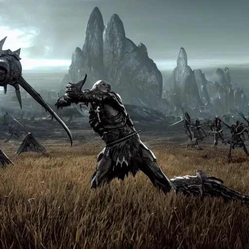 Image similar to A giant from skyrim fights an army of skeletons in an open field, with the kingdom in the background, detailed, elegant, intricate, conceptual, volumetric light,