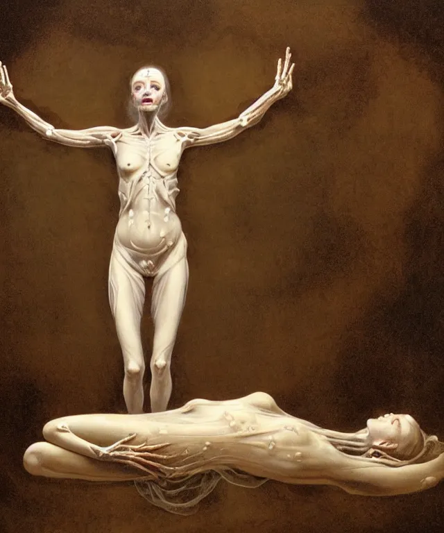 Image similar to Beautiful full-body wax sculpture of glowing transparent woman with visible bones covered with melted white candle wax inside the singularity where stars becoming baroque folds of dark matter by Michelangelo da Caravaggio, Nicola Samori, William Blake, Alex Grey and Beksinski, dramatic volumetric lighting, highly detailed oil painting, 8k, masterpiece