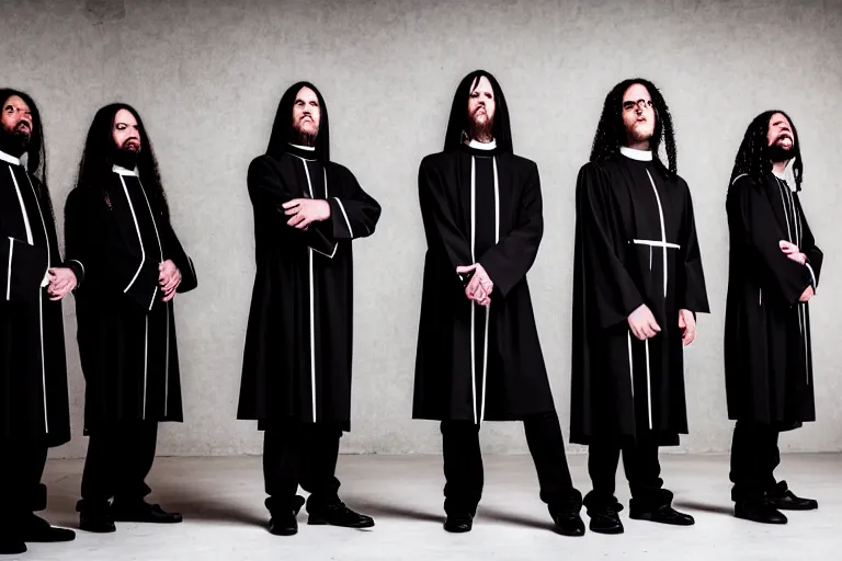 Prompt: a christian religious black that studies theology and arr becoming priests, band photo of a metal band playing christian black metal, stage outfits, cinematic, elegant, professional studio light, real dlsr photography, sharp focus, 4 k, ultra hd, sense of awe, high fashion