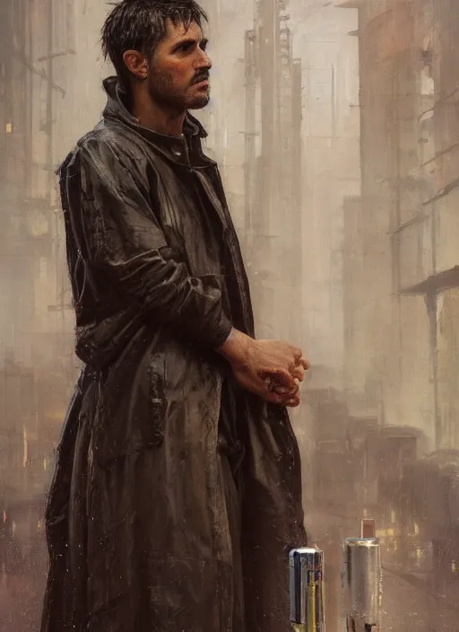 Image similar to futuristic cyberpunk beggar priest wearing an old raincoat ( blade runner 2 0 4 9, cyberpunk 2 0 7 7 character design ). orientalist portrait by john william waterhouse and james gurney and theodore ralli and nasreddine dinet, oil on canvas. cinematic, hyper realism, realistic proportions, dramatic lighting, high detail 4 k