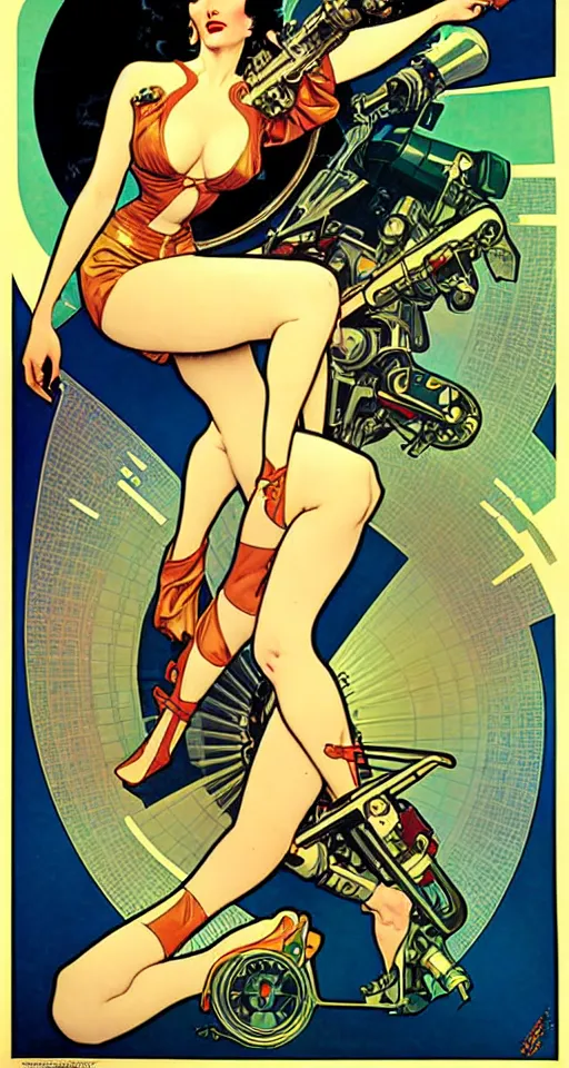 Image similar to a retro future science fiction pinup illustration of dita von teese, alphonse mucha, alberto vargas, gil elvgren, diesel punk.