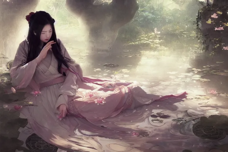 Prompt: a beautiful picture of a girl in hanfu sleeps, lotus flowers blooming, by greg rutkowski and thomas kinkade, trending on artstation