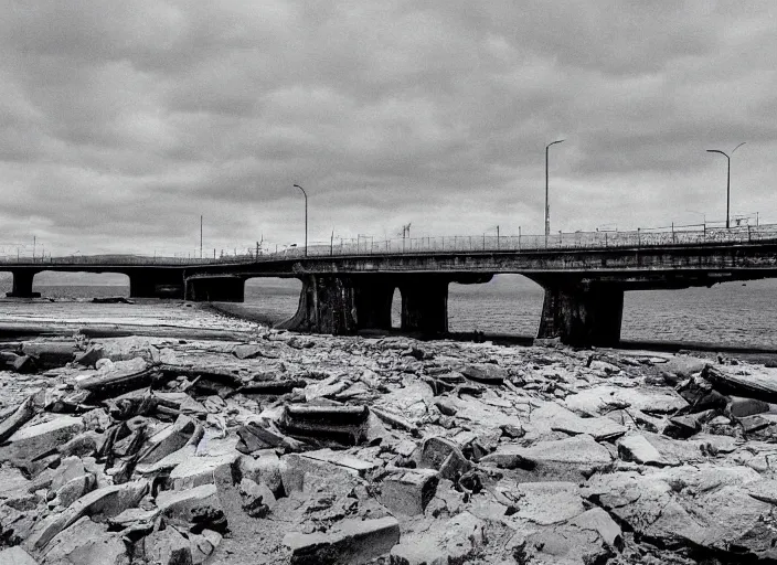 Image similar to grainy futuristic photo of the remains of an enormous broken freeway bridge on the new york coast after the apocalypse ; the bridge leads into the wide ocean