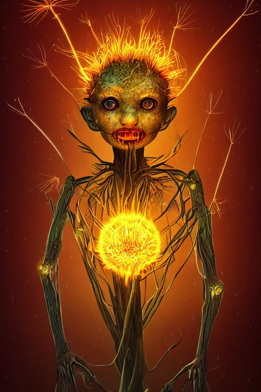 Image similar to a humanoid figure glowing dandelion plant monster, amber eyes, highly detailed, digital art, sharp focus, ambient lighting, autumn, trending on art station, anime art style