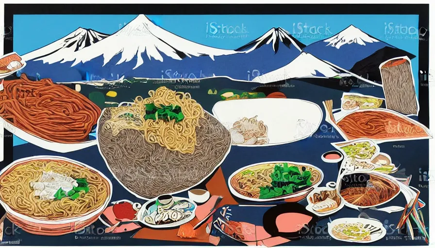 Image similar to award winning graphic design poster, stock photo cutouts constructing an contemporary art depicting a colossal ramen bowl in the foreground, rural splendor and a mountain range isolated on white, a single Mount Fuji in the distant horizon, ramen bowl containing bountiful crafts, local foods, in the style of edgy and eccentric abstract cubist realism, items composition confined and isolated on white, mixed media painting by Leslie David and Lisa Frank for juxtapose magazine
