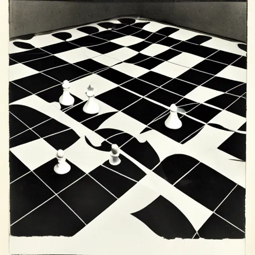 Image similar to A chessboard connected to a machine in a vast white room, Marcel Duchamp, Irving Penn, occult cyberpunk, 1919