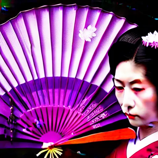 Image similar to Japanese geisha with beautiful violet paper fan, 4k photography, 30 mm lens, cinematic light, warm atmosphere, in style of Kar Wai Wong, cigarette smoke trail