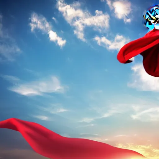 Image similar to cat with a red cape flying through the sky in a superman pose