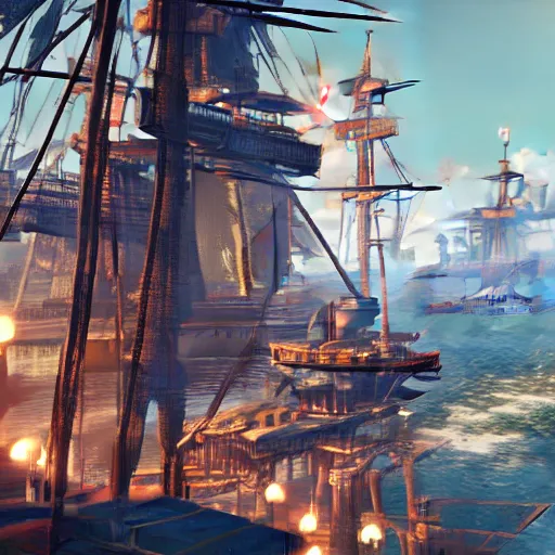 Prompt: a battered pirate ship pulls into the port of night city cyberpunk 2077, close up, hyper realistic, cinematic, high energy, twilight