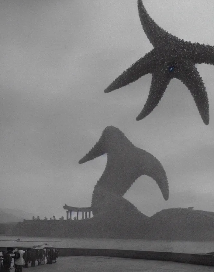 Image similar to a filmstill of a north korean monster movie, kaiju - eiga monster starfish - like trampling a traditional korean palace, foggy, film noir, video compression