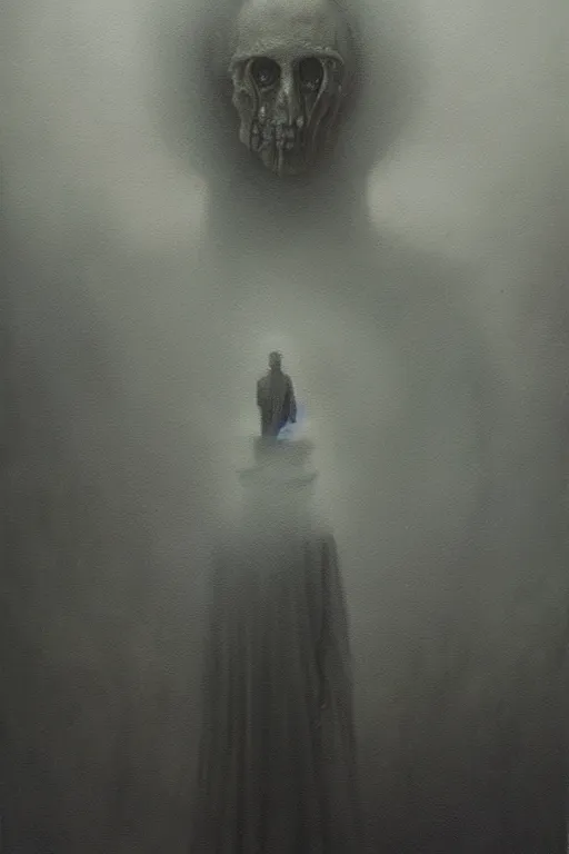 Image similar to hyper realistic painting of the eerie fog, ghost, creepy atmosphere, unnerving brushstrokes wayne barlowe, beksinski, hr giger, austin osman spare, bussiere