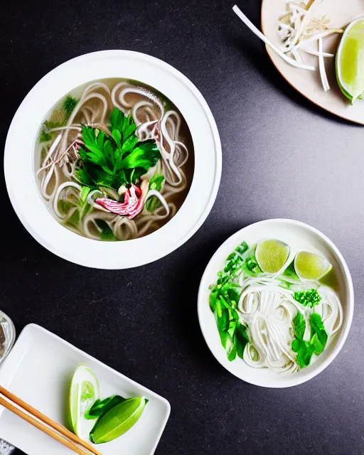 Prompt: realistic photo of delicious pho, bowl, white kitchen table, marble, highly detailed, by louise lister, sara ali, mary devinat, kailee mandel, masterpiece, award winning, food photography