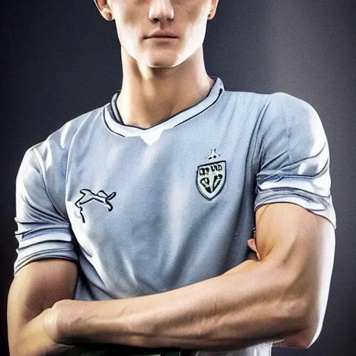 Image similar to a realistic detailed photo of a guy who is an attractive humanoid who is half robot and half humanoid, who is a male android, soccer player martin ødegaard, shiny skin, posing like a statue, blank stare, in a living room, on display, showing off his muscles