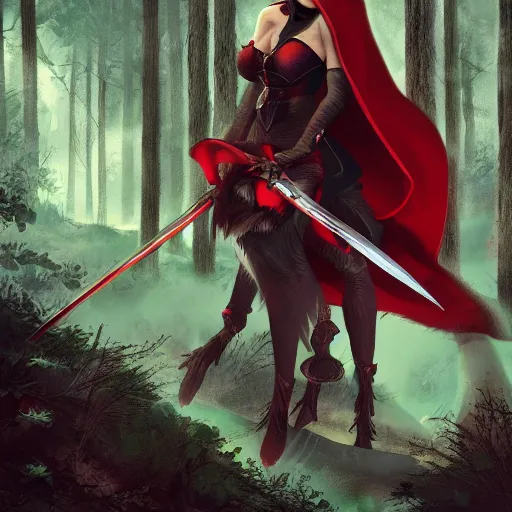 Prompt: fierce red riding hood with a scar on her face and sword battling a giant wolf in a dark forest, fantasy, cinematic, dark, 4k, artstation, highly rendered, beautiful, high resolution,