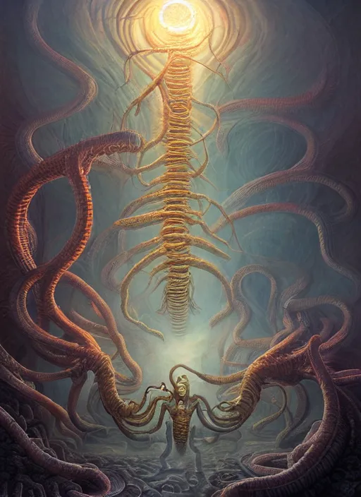 Image similar to a long forgotten centipede deity with hundred arms and a pale human head, in the style of tomasz alen kopera and fenghua zhong and peter mohrbacher, mystical colors, rim light, beautiful lighting, 8 k, stunning scene, raytracing, octane, trending on artstation