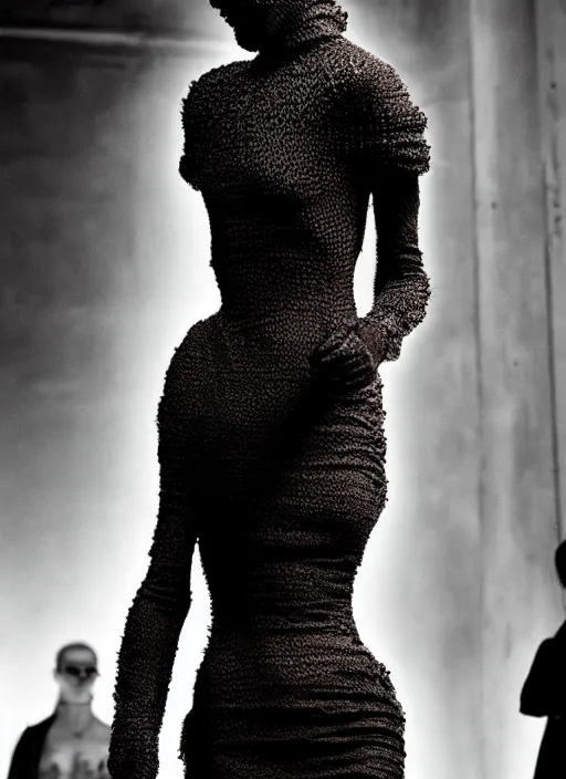 Prompt: walking down the catwalk, steven klein, show, stage, vogue photo, podium, fashion show photo, historical baroque dress dark, iris van herpen, beautiful woman, full body shot, masterpiece, intricate, biopunk, predator, guyver, highly detailed