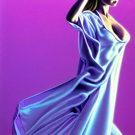 Image similar to woman wearing a light purple silk robe, blue sky, art by peter lloyd, art by peter palombi 1 9 8 0, airbrush style, art by hajime sorayama,, intricate, elegant, sharp focus, illustration, highly detailed, concept art, matte, sharp focus, illustration, highly detailed, concept art, h 6 4 0