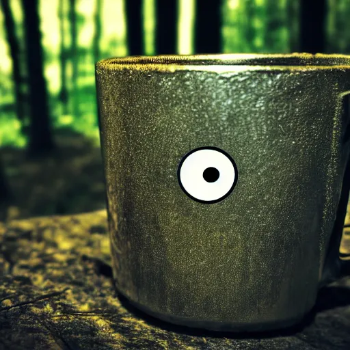 Image similar to a single metal paperclip with googly eyes, next to a steamy cup of coffee, in the woods, photography, depth of field, very symmetric, rule of thirds, 4 k resolution